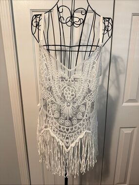 White Crochet Fringe Tank Top - Boho Women's Swim Cover